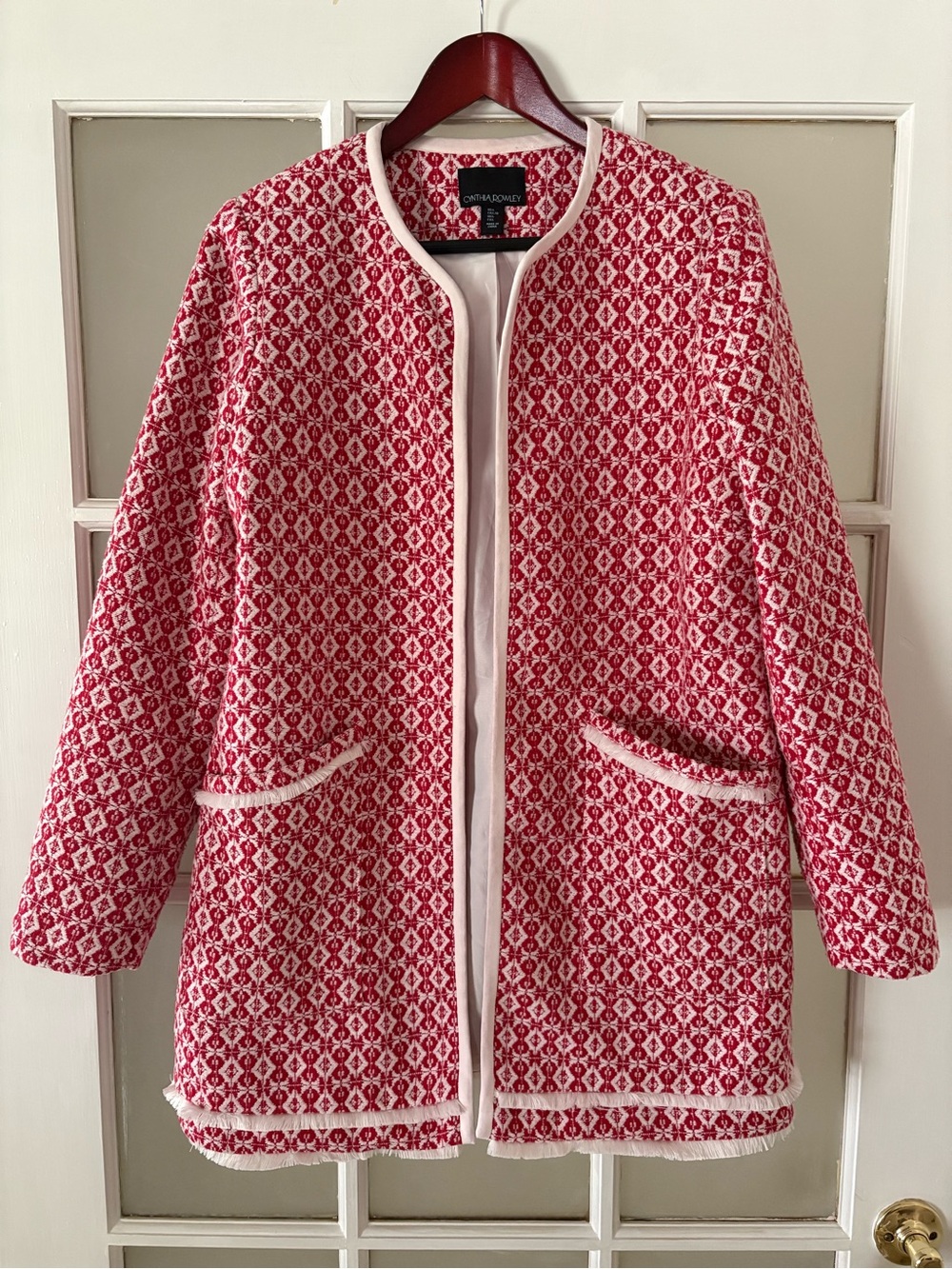 Cynthia Rowley Red & White Textured Open Front Jacket - L